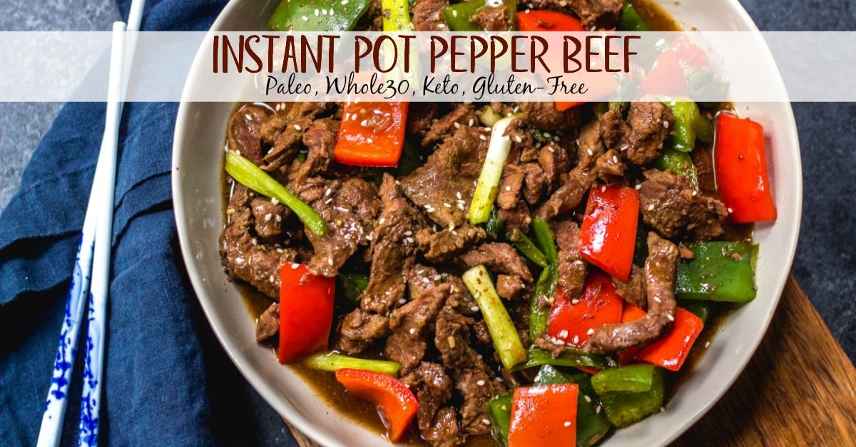 This paleo and Whole30 instant pot pepper beef is a quick and easy weeknight meal that's also keto, gluten free and under 30 minutes. Whole30 instant pot recipes like this pepper beef are also great for meal prepping. It's like a simplified version of a beef stir fry but all contained in the instant pot and with very little hands on time! #whole30instantpot #whole30beefrecipes #paleoinstantpot #ketoinstantpot #ketobeefrecipes