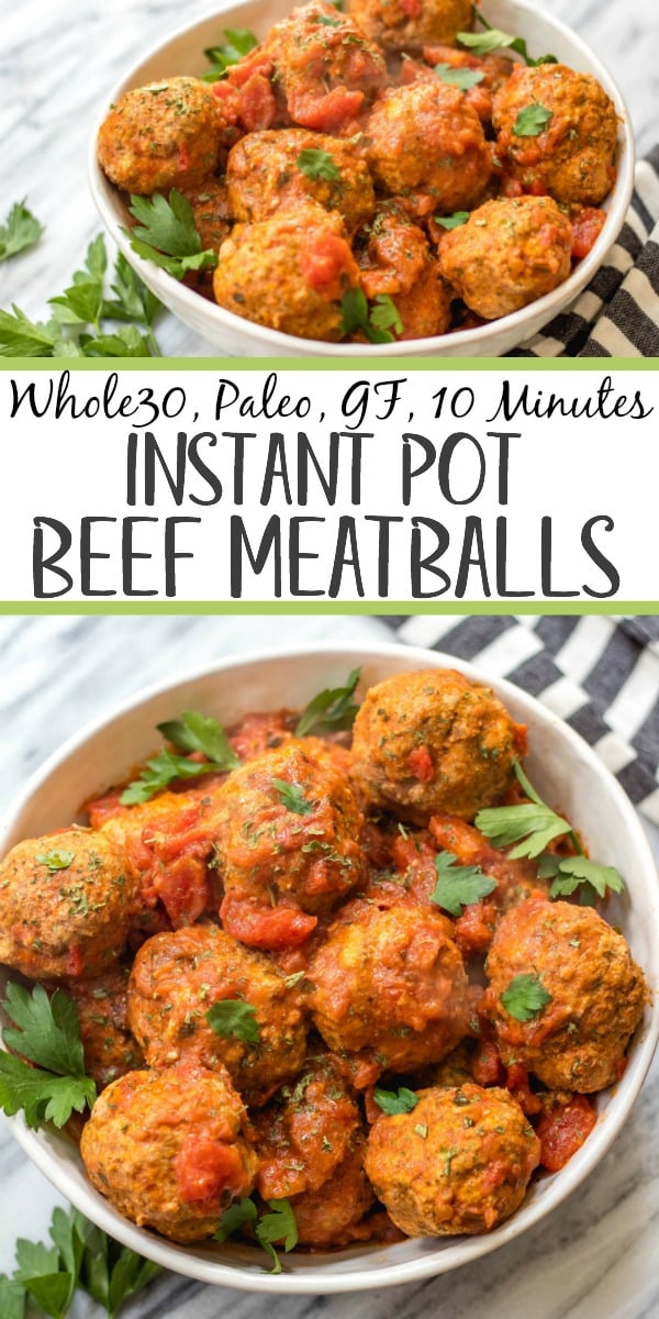 These instant pot beef meatballs are Whole30, paleo, gluten-free and, importantly, so easy to make. The meatballs and marinara take less than 10 minutes cooking time with the pressure cooker and they’re a great family friendly healthy recipe for a weeknight dinner or for a Whole30 meal prep recipe. #whole30beefmeatballs #whole30instantpot #whole30beefrecipes #paleoinstantpot #paleomeatballs #ketoinstantpotrecipes