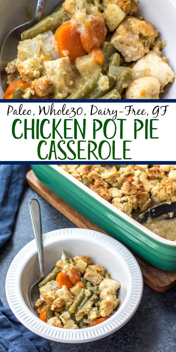 This Whole30 chicken pot pie casserole is the the perfect Whole30 casserole recipe when you're wanting something hearty and comforting. It's a paleo and dairy free twist on the classic pot pie flavors you know and love with a grain free crust, and is awesome for a weeknight meal or for a paleo meal prep recipe because it reheats so well. This is a great family friendly recipe that is sure to become a staple! #whole30casserole #paleocasserole #whole30chickenpotpie #whole30chickenrecipes #paleochickenrecipes