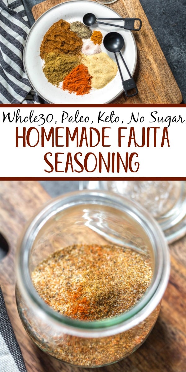 This Paleo and Whole30 homemade fajita seasoning is quick and easy to make, and a much healthier alternative to store bought packages. It's also keto, and gluten free. There's no sugar in it, no additives, and it's a great all purpose spice blend to keep on hand for fast chicken or steak fajitas, shrimp, soups, dry rubs, vegetables and more. #whole30spices #whole30fajitas #paleospiceblends #paleofajitas #ketofajitas #homemadefajitaseasoning