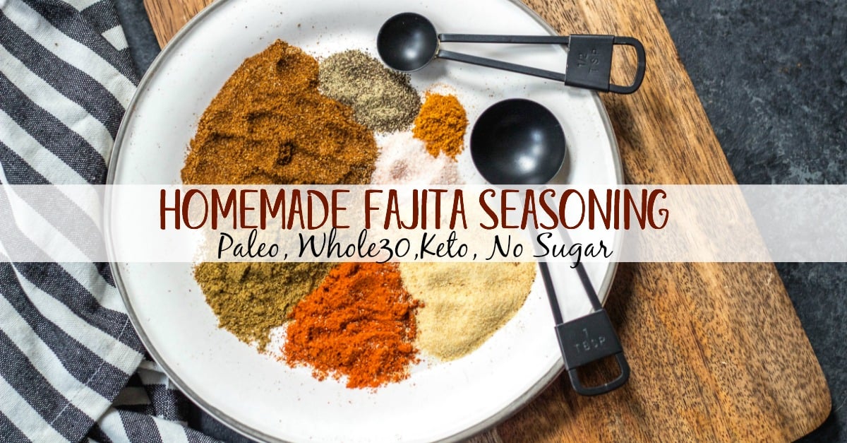 This Paleo and Whole30 homemade fajita seasoning is quick and easy to make, and a much healthier alternative to store bought packages. It's also keto, and gluten free. There's no sugar in it, no additives, and it's a great all purpose spice blend to keep on hand for fast chicken or steak fajitas, shrimp, soups, dry rubs, vegetables and more. #whole30spices #whole30fajitas #paleospiceblends #paleofajitas #ketofajitas #homemadefajitaseasoning