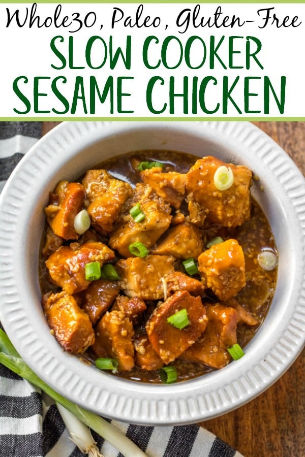 This easy Whole30 slow cooker sesame chicken recipe only calls for a few ingredients and a crock pot, making it an ideal weeknight meal or Whole30 or paleo meal prep recipe. It’s so simple yet has such a great take out fake out flavor for when you’re craving a healthier Chinese food option. #whole30slowcooker #paleoslowcooker #whole30sesamechicken #whole30chickenrecipes #paleochickenrecipes