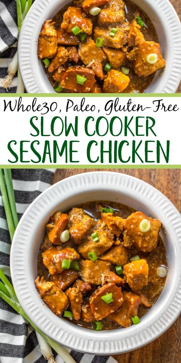 This easy Whole30 slow cooker sesame chicken recipe only calls for a few ingredients and a crock pot, making it an ideal weeknight meal or Whole30 or paleo meal prep recipe. It’s so simple yet has such a great take out fake out flavor for when you’re craving a healthier Chinese food option. #whole30slowcooker #paleoslowcooker #whole30sesamechicken #whole30chickenrecipes #paleochickenrecipes