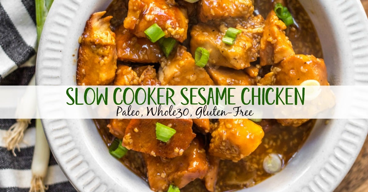 This easy Whole30 slow cooker sesame chicken recipe only calls for a few ingredients and a crock pot, making it an ideal weeknight meal or Whole30 or paleo meal prep recipe. It’s so simple yet has such a great take out fake out flavor for when you’re craving a healthier Chinese food option. #whole30slowcooker #paleoslowcooker #whole30sesamechicken #whole30chickenrecipes #paleochickenrecipes