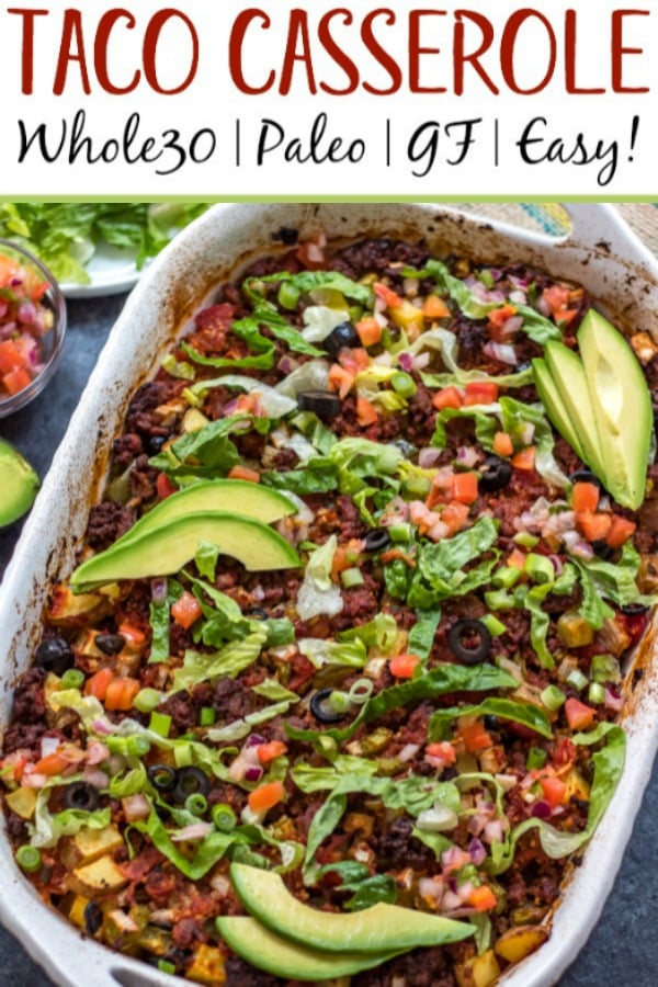 This Whole30 taco casserole is an awesome meal prep recipe or perfect for a paleo or gluten-free weeknight meal. Preparation is simple, just mix everything together, oven bake it, and pull out a delicious beef taco casserole for the family! It's a great way to use up ground beef, and it's healthy recipe option that's loaded with veggies #whole30tacocasserole #whole30casserole #whole30groundbeefrecipes #paleocasserole #paleotacocasserole #glutenfreecasserole