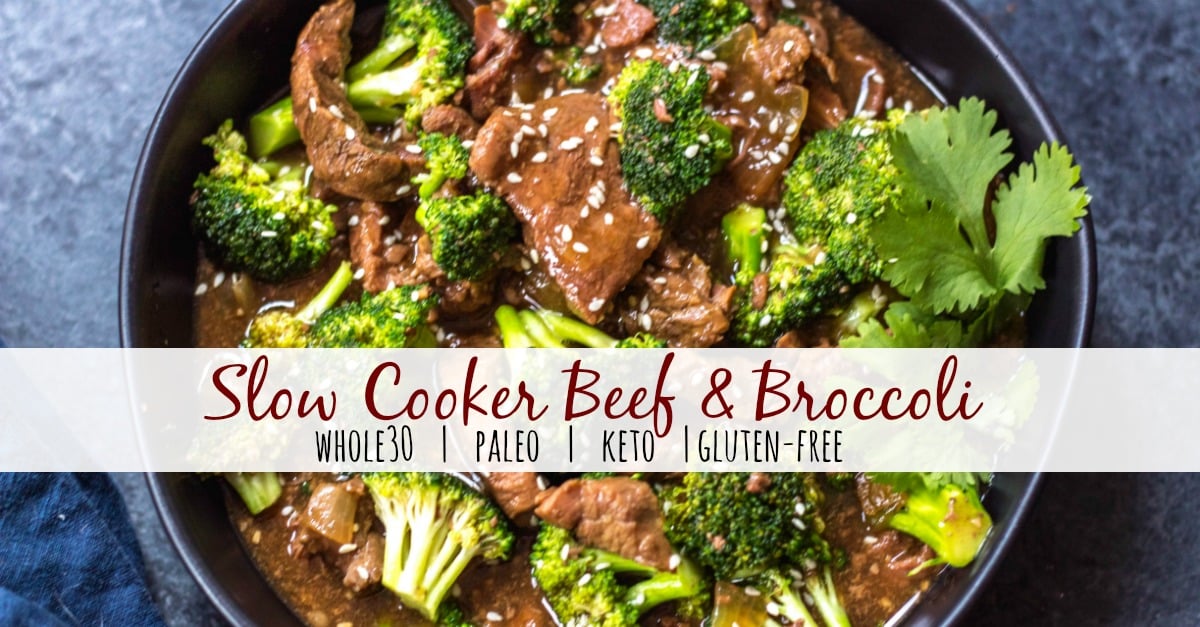 This easy Whole30 slow cooker recipe makes cooking beef and broccoli at home so simple. It comes together in the crock pot incredibly fast, and is a great meal prep recipe or weeknight meal because you just dump the ingredients, and come back later to a healthy, Paleo, keto and Whole30 broccoli beef waiting for you in the slow cooker! #whole30slowcooker #slowcookerbeefandbroccoli #ketoslowcooker #paleoslowcooker #beefandbroccoli