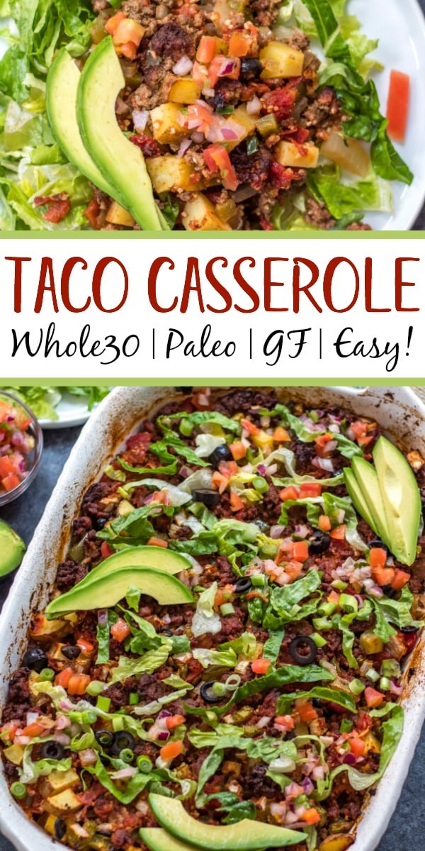 This Whole30 taco casserole is an awesome meal prep recipe or perfect for a paleo or gluten-free weeknight meal. Preparation is simple, just mix everything together, oven bake it, and pull out a delicious beef taco casserole for the family! It's a great way to use up ground beef, and it's healthy recipe option that's loaded with veggies #whole30tacocasserole #whole30casserole #whole30groundbeefrecipes #paleocasserole #paleotacocasserole #glutenfreecasserole