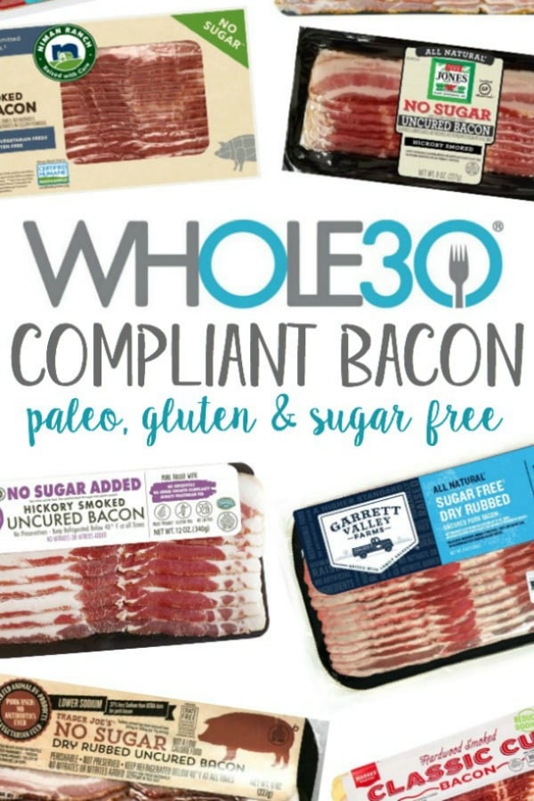 This in-depth, most up-to-date, and complete list of Whole30 bacon brands and options will help you find where to buy it, and easily locate a Whole30 Approved bacon brand that not only tastes great, but is made without sugar and other additives that are off limits during your Whole30. Many of these Whole30 and Paleo compliant bacon options are now available in our local stores, such as Walmart, Target, Sprouts and Whole Foods #whole30bacon #whole30approvedbacon #paleobacon #sugarfreebacon