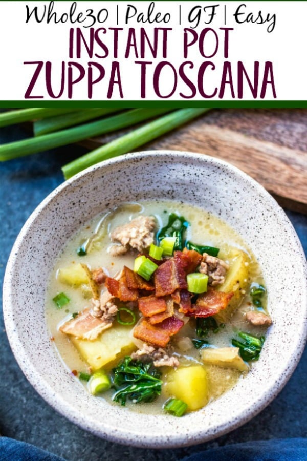 Whole30 Zuppa Toscana is one of my favorite meals to make in my instant pot on a cold, wintery day. It’s rich, creamy, and tastes authentic while remaining Paleo and gluten-free. Double the batch for you and your family and enjoy this healthy Whole30 soup for lunches or dinners for the week. #whole30instantpot #instantpotzuppatoscana #whole30instantpotzuppatoscana #paleozuppatoscana #whole30soup #paleosoup