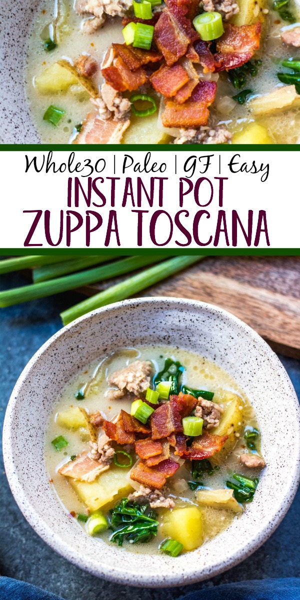 Whole30 Zuppa Toscana is one of my favorite meals to make in my instant pot on a cold, wintery day. It’s rich, creamy, and tastes authentic while remaining Paleo and gluten-free. Double the batch for you and your family and enjoy this healthy Whole30 soup for lunches or dinners for the week. #whole30instantpot #instantpotzuppatoscana #whole30instantpotzuppatoscana #paleozuppatoscana #whole30soup #paleosoup