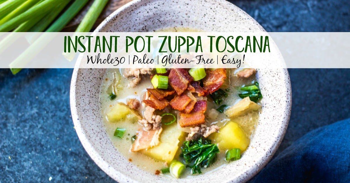 Whole30 Zuppa Toscana is one of my favorite meals to make in my instant pot on a cold, wintery day. It’s rich, creamy, and tastes authentic while remaining Paleo and gluten-free. Double the batch for you and your family and enjoy this healthy Whole30 soup for lunches or dinners for the week. #whole30instantpot #instantpotzuppatoscana #whole30instantpotzuppatoscana #paleozuppatoscana #whole30soup #paleosoup