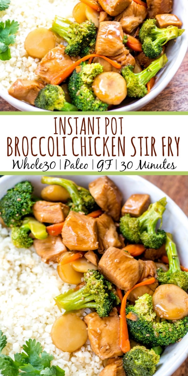 This Paleo and Whole30 instant pot broccoli chicken stir fry is a great weeknight dinner made in one pot and in under 30 minutes. It’s not only a Whole30 instant pot recipe, but it's low carb and gluten-free, so you can enjoy a guilt free Chinese inspired meal or make a healthy meal prep recipe that will ensure delicious leftovers all week. #whole30instantpot #whole30stirfry #paleoinstantpot #whole30chickenrecipes #ketoinstantpot