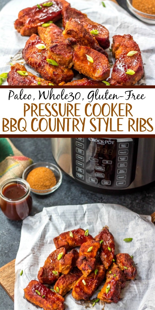 These paleo and Whole30 pressure cooker BBQ country style ribs are incredibly easy to make, only require a few simple ingredients and perfect for any holiday meal or weeknight dinner. They’re done in 30 minutes with very little hands-on time, and made with healthy, real food ingredients but still have the classic, comforting taste. #whole30pressurecooker #paleopressurecooker #whole30bbqribs #bbqcountrystyleribs