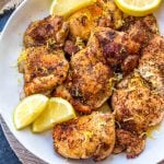 These Paleo and Whole30 air fryer lemon pepper chicken thighs are crispy on the outside and full of juicy flavor on the inside. This keto and gluten free recipe is one of the easiest ways to get dinner on the table or meal prep done in just under 30 minutes. Your family will love it and you’ll love how easy clean up will be! #whole30airfryer #ketoairfryer #airfryerchickenthighs #paleoairfryer