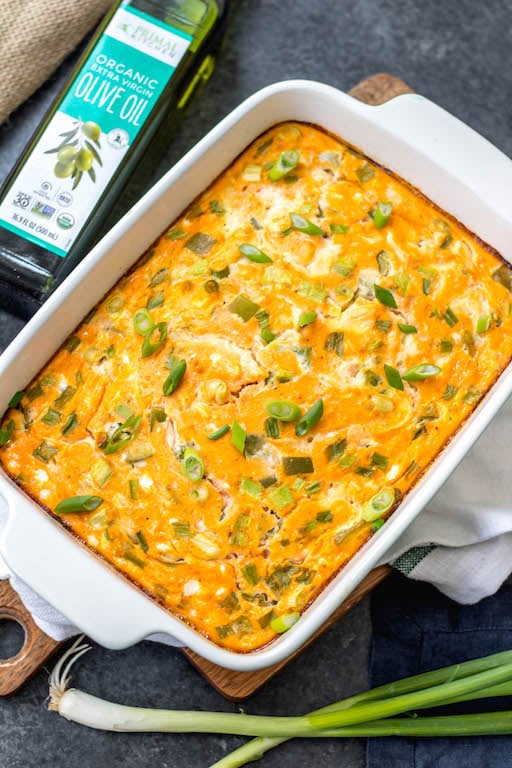 This buffalo chicken egg bake is an easy Whole30, Paleo and Keto breakfast that is quick to prepare, great as leftovers and even freezes well. It only requires a few simple ingredients which makes it a great meal prep recipe. This Whole30 breakfast casserole is also dairy-free, gluten-free and easy to sneak veggies into. #whole30eggbake #whole30breakfast #ketoeggbake #paleoeggbake #buffalochicken