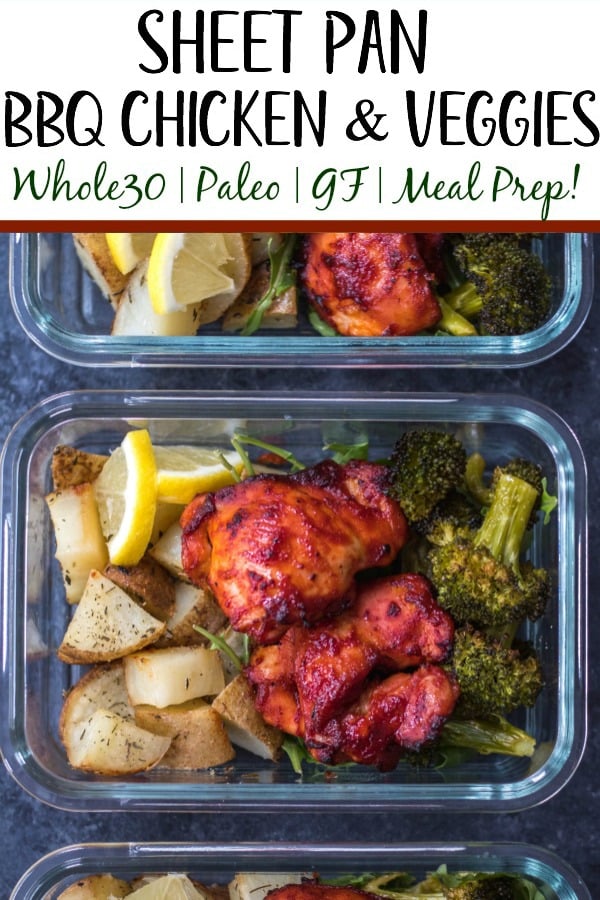 This Whole30 sheet pan BBQ chicken thighs and roasted vegetables recipe is perfect for healthy meal prep, or an easy paleo, gluten-free weeknight dinner. It doesn’t get much more simple than only using one pan, having no clean up but ending up with plenty of meal prep for the week that has tons of flavor! #whole30sheetpan #paleosheetpan #whole30mealprep #whole30bbqchicken
