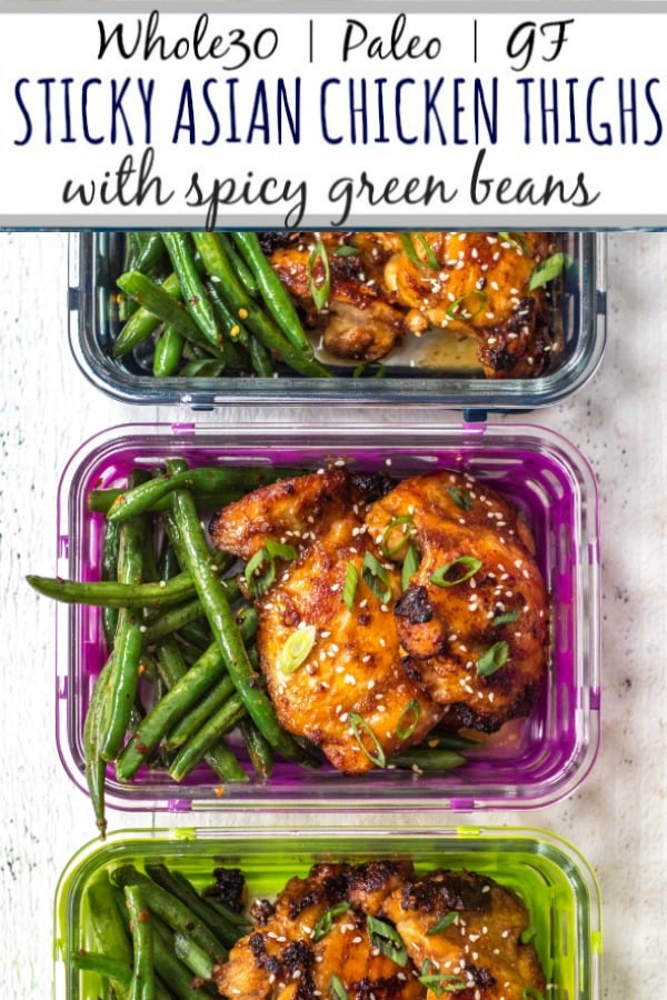 This Whole30 Asian chicken thighs and spicy green beans recipe is ideal for a lunch meal prep recipe, or a healthy, paleo weeknight dinner. The sticky Asian marinade is full of flavor and so easy to prepare. With the green bean side, you’ll have a low carb and delicious meal in under 30 minutes! #whole30chickenrecipes #whole30mealprep #paleochickenrecipes #paleomealprep #ketochickenrecipes