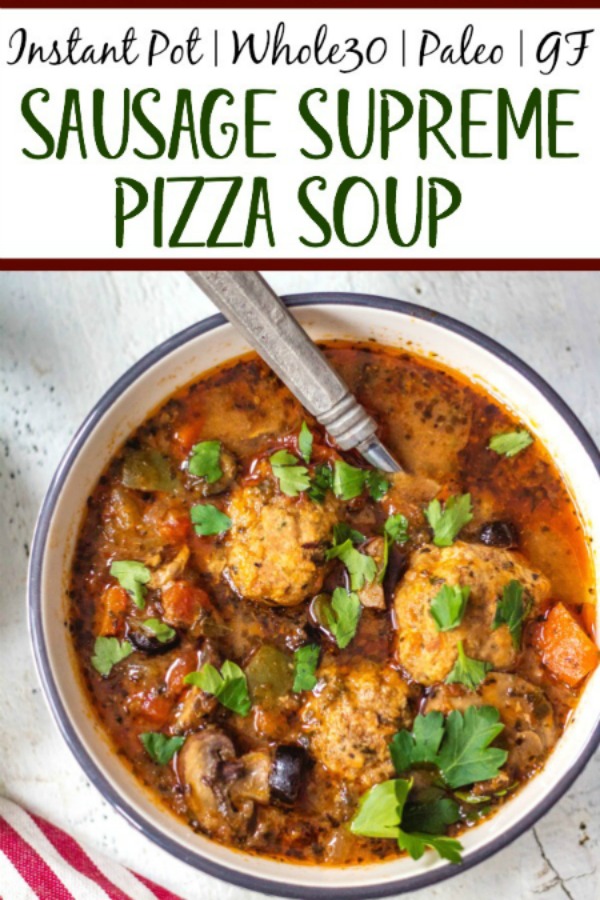 This Whole30 instant pot sausage pizza soup is so quick to make. Just roll the meatballs, add the vegetables and set the timer to 6 minutes! Perfect for meal prep or an easy weeknight dinner recipe that's healthy, paleo, gluten free and can be made keto! No fancy prep work here, just a few steps and this flavorful pizza soup is done! #whole30instantpot #whole30soup #whole30instantpotsoup #ketoinstantpot #paleoinstantpot