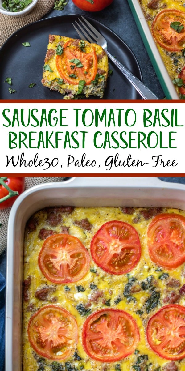 This Whole30 breakfast casserole is filled with sausage, tomato, basil and potatoes, and couldn't be easier to whip up for a Whole30 or Paleo breakfast meal prep recipe. With only a few simple ingredients and a bit of oven baking magic, you'll have a family friendly, gluten-free, and Whole30 egg bake, or be set for the week ahead! #whole30eggbake #whole30breakfastrecipes #whole30breakfastcasserole #paleobreakfast #glutenfreebreakfast #whole30sausagerecipes