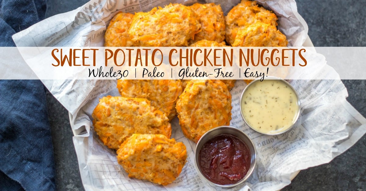 Whole30 sweet potato chicken poppers are a healthy “chicken nuggets” recipe alternative that are quick and easy to make. A few simple ingredients and ready in under 30 minutes this is the perfect Whole30, Paleo, or gluten-free family friendly meal for during the week. Double the batch and toss these chicken poppers in the fridge or freezer to make meal prepping a breeze! #whole30chickenrecipes #whole30groundchicken #whole30chickennuggets #paleogroundchicken #paleochickenrecipes