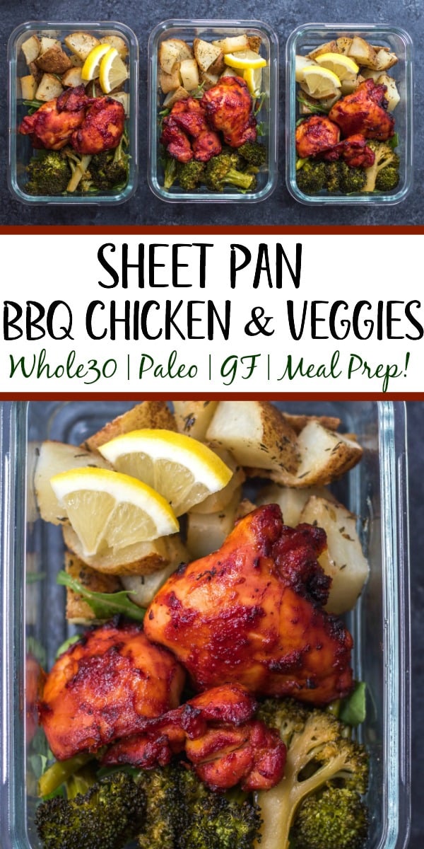 This Whole30 sheet pan BBQ chicken thighs and roasted vegetables recipe is perfect for healthy meal prep, or an easy paleo, gluten-free weeknight dinner. It doesn’t get much more simple than only using one pan, having no clean up but ending up with plenty of meal prep for the week that has tons of flavor! #whole30sheetpan #paleosheetpan #whole30mealprep #whole30bbqchicken