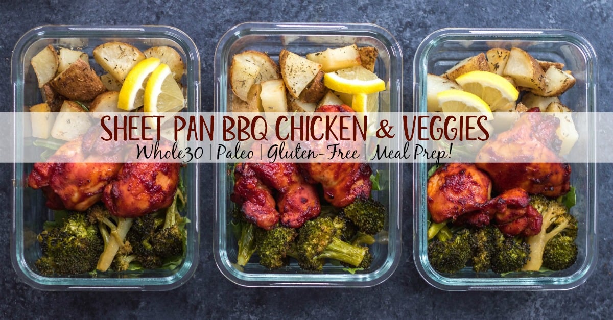 This Whole30 sheet pan BBQ chicken thighs and roasted vegetables recipe is perfect for healthy meal prep, or an easy paleo, gluten-free weeknight dinner. It doesn’t get much more simple than only using one pan, having no clean up but ending up with plenty of meal prep for the week that has tons of flavor! #whole30sheetpan #paleosheetpan #whole30mealprep #whole30bbqchicken