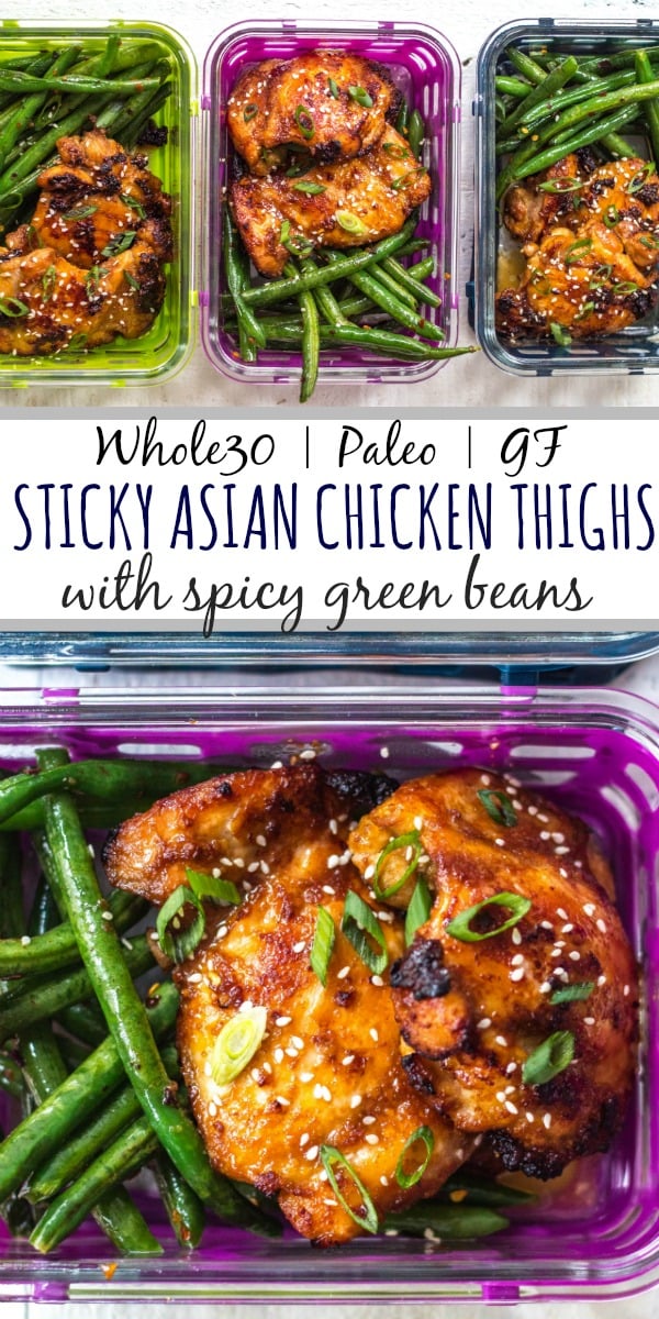 This Whole30 Asian chicken thighs and spicy green beans recipe is ideal for a lunch meal prep recipe, or a healthy, paleo weeknight dinner. The sticky Asian marinade is full of flavor and so easy to prepare. With the green bean side, you’ll have a low carb and delicious meal in under 30 minutes! #whole30chickenrecipes #whole30mealprep #paleochickenrecipes #paleomealprep #ketochickenrecipes