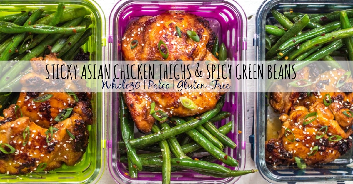 This Whole30 Asian chicken thighs and spicy green beans recipe is ideal for a lunch meal prep recipe, or a healthy, paleo weeknight dinner. The sticky Asian marinade is full of flavor and so easy to prepare. With the green bean side, you’ll have a low carb and delicious meal in under 30 minutes! #whole30chickenrecipes #whole30mealprep #paleochickenrecipes #paleomealprep #ketochickenrecipes