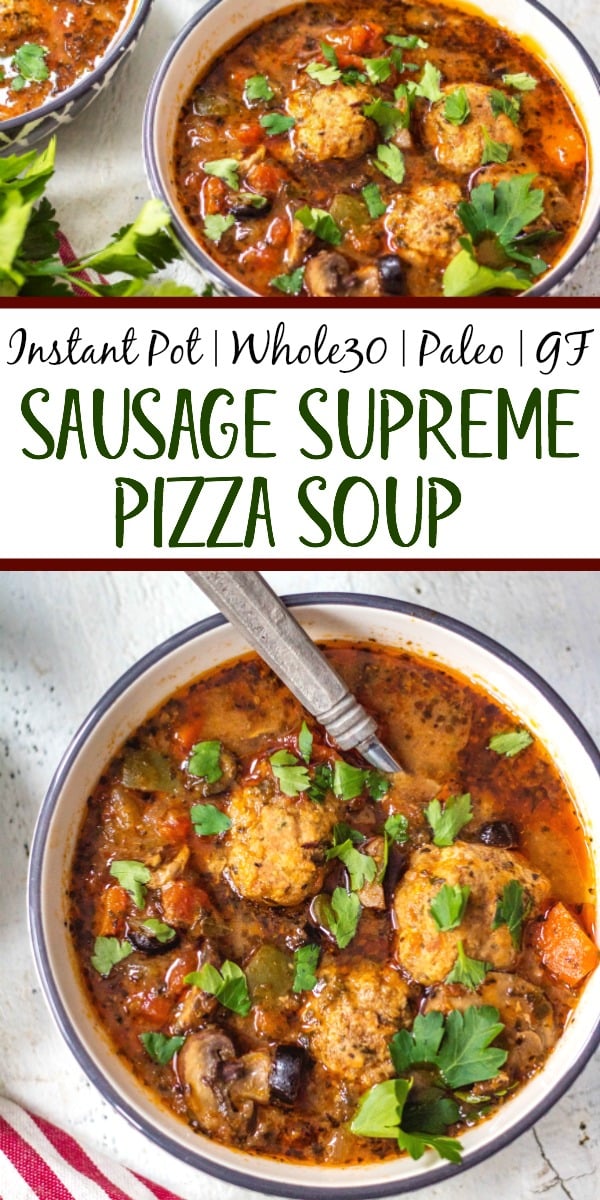 This Whole30 instant pot sausage pizza soup is so quick to make. Just roll the meatballs, add the vegetables and set the timer to 6 minutes! Perfect for meal prep or an easy weeknight dinner recipe that's healthy, paleo, gluten free and can be made keto! No fancy prep work here, just a few steps and this flavorful pizza soup is done! #whole30instantpot #whole30soup #whole30instantpotsoup #ketoinstantpot #paleoinstantpot