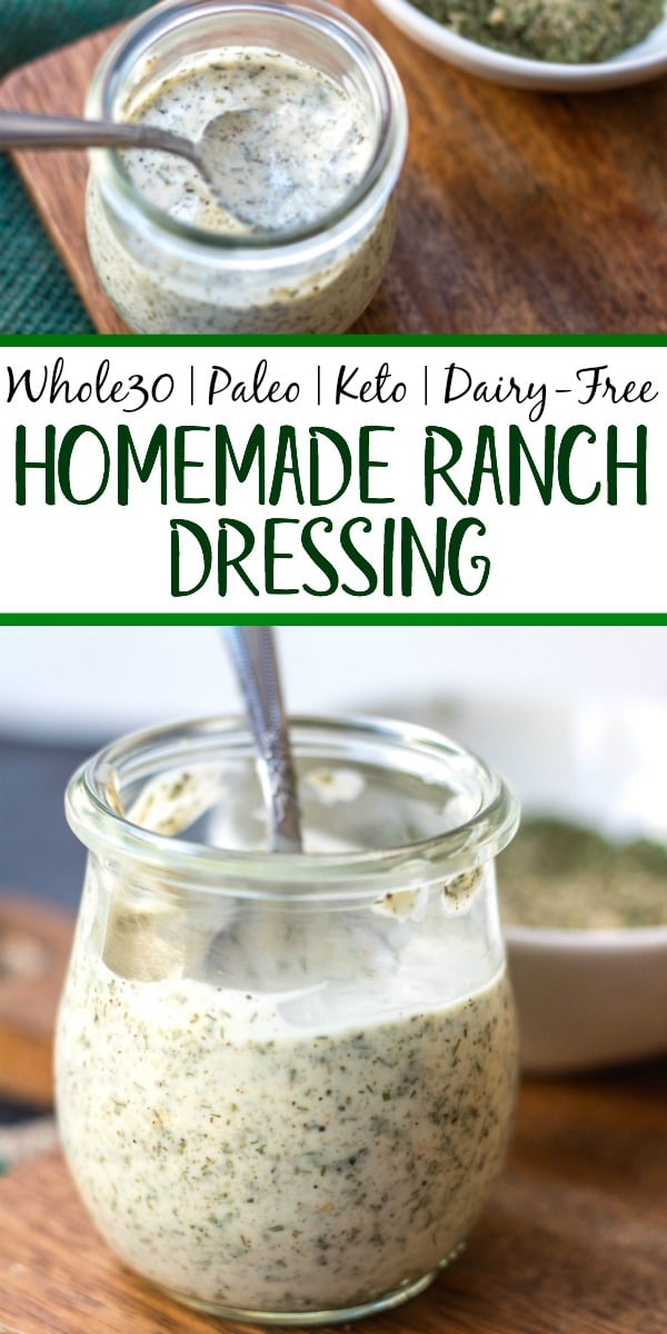 This Whole30 homemade ranch dressing is so easy to make at home. It's a paleo, keto, dairy-free and gluten-free DIY condiment that is perfect for dipping, drizzling or adding to a number of recipes. It takes under 5 minutes to whip together so it's a great addition to your meal prep to keep for the week ahead and is a healthy, budget-friendly alternative to store bought ranch. #whole30ranchdressing #whole30homemadedressing #ketoranch #paleoranch #dairyfreeranch
