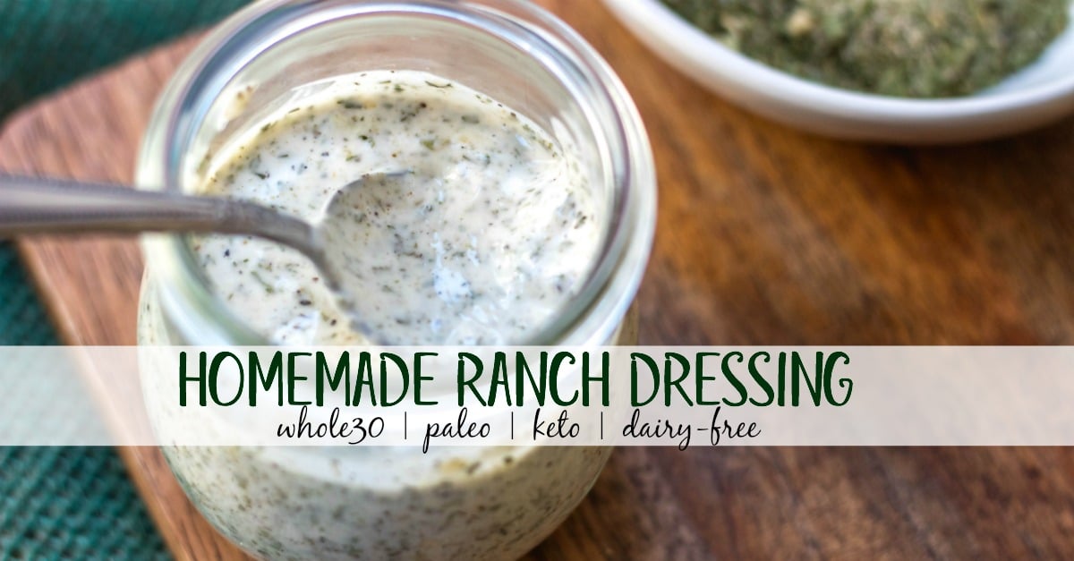 This Whole30 homemade ranch dressing is so easy to make at home. It's a paleo, keto, dairy-free and gluten-free DIY condiment that is perfect for dipping, drizzling or adding to a number of recipes. It takes under 5 minutes to whip together so it's a great addition to your meal prep to keep for the week ahead and is a healthy, budget-friendly alternative to store bought ranch. #whole30ranchdressing #whole30homemadedressing #ketoranch #paleoranch #dairyfreeranch