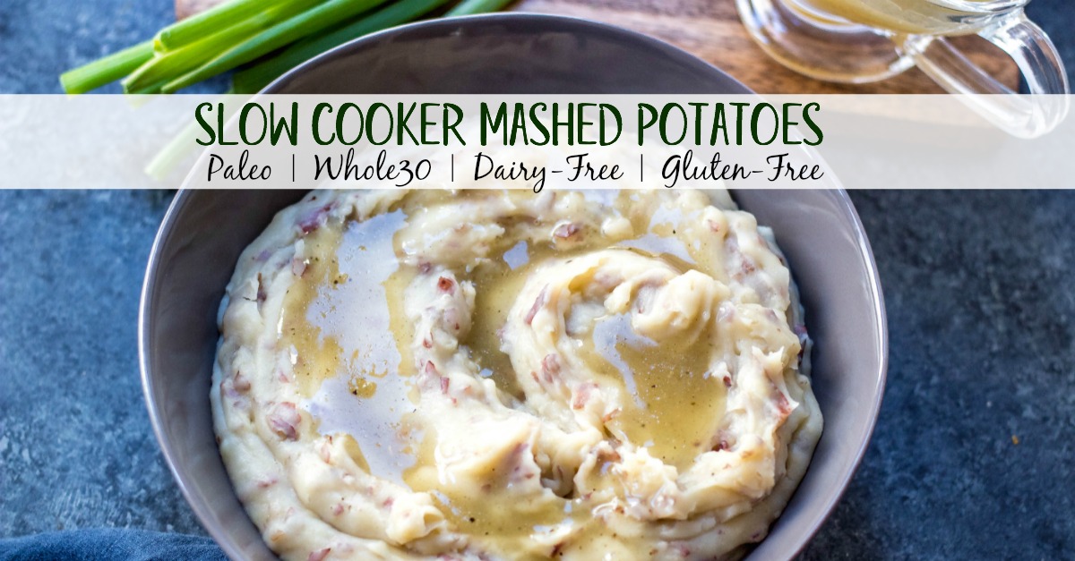 Whole30 creamy mashed potatoes in the slow cooker are a staple for a weeknight side dish, a meal prep recipe, or a holiday gathering. A perfect Paleo, dairy-free, and gluten-free side dish that’s full of comfort and incredibly easy. This family friendly favorite can be paired with just about anything and meal preps amazingly. #whole30sidedish #whole30mashedpotatoes #whole30slowcooker #paleoslowcooker #paleosidedish