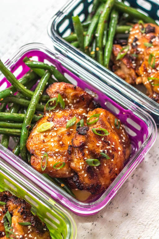 This Whole30 Asian chicken thighs and spicy green beans recipe is ideal for a lunch meal prep recipe, or a healthy, paleo weeknight dinner. The sticky Asian marinade is full of flavor and so easy to prepare. With the green bean side, you’ll have a low carb and delicious meal in under 30 minutes! #whole30chickenrecipes #whole30mealprep #paleochickenrecipes #paleomealprep #ketochickenrecipes