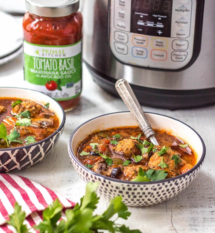 This Whole30 instant pot sausage pizza soup is so quick to make. Just roll the meatballs, add the vegetables and set the timer to 6 minutes! Perfect for meal prep or an easy weeknight dinner recipe that's healthy, paleo, gluten free and can be made keto! No fancy prep work here, just a few steps and this flavorful pizza soup is done! #whole30instantpot #whole30soup #whole30instantpotsoup #ketoinstantpot #paleoinstantpot