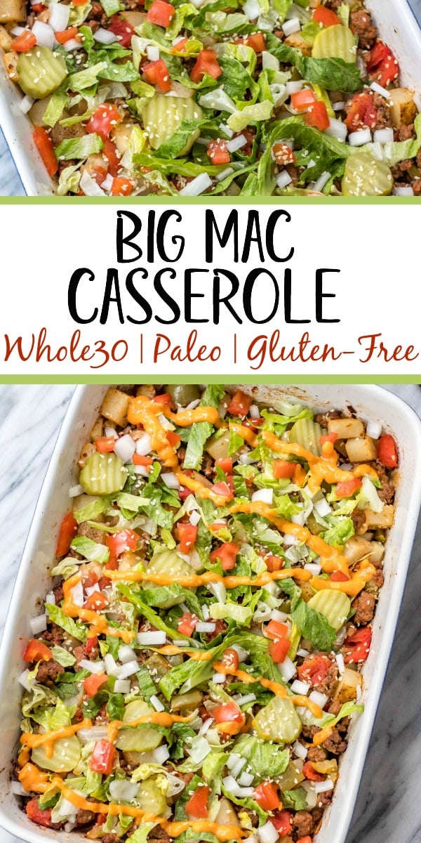 This is a delicious and easy Whole30 ground beef casserole recipe that is a healthy take on a big mac! The classic flavors you know and love, all baked together in a paleo, gluten free Big Mac casserole that's loaded with veggies. It's great for a family friendly weeknight meal, or for meal prep lunches for the week. #whole30casserole #whole30groundbeef #whole30dinnerrecipes #paleogroundbeef #glutenfree