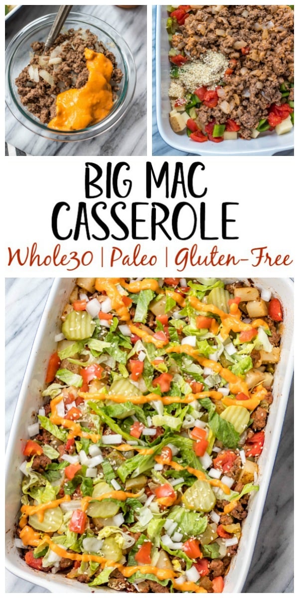 This is a delicious and easy Whole30 ground beef casserole recipe that is a healthy take on a big mac! The classic flavors you know and love, all baked together in a paleo, gluten free Big Mac casserole that's loaded with veggies. It's great for a family friendly weeknight meal, or for meal prep lunches for the week. #whole30casserole #whole30groundbeef #whole30dinnerrecipes #paleogroundbeef #glutenfree