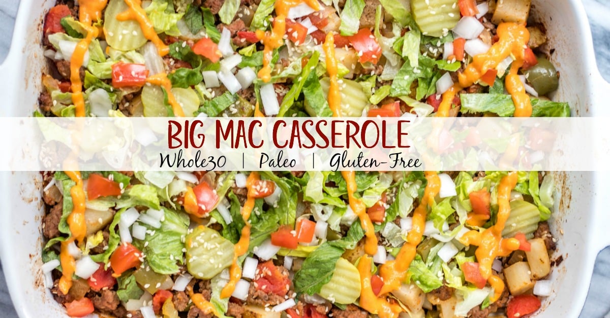 This is a delicious and easy Whole30 ground beef casserole recipe that is a healthy take on a big mac! The classic flavors you know and love, all baked together in a paleo, gluten free Big Mac casserole that's loaded with veggies. It's great for a family friendly weeknight meal, or for meal prep lunches for the week. #whole30casserole #whole30groundbeef #whole30dinnerrecipes #paleogroundbeef #glutenfree