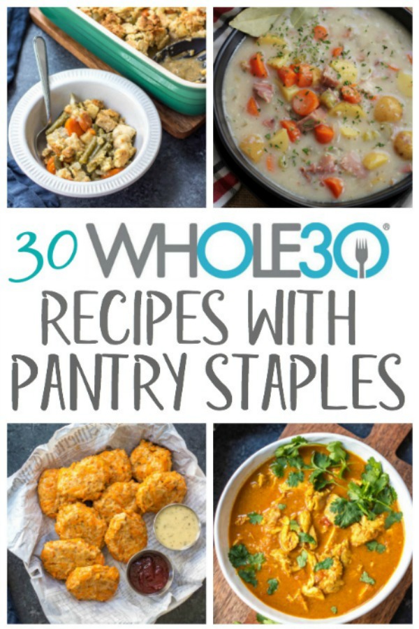 Sometimes it's nice to be able to pull out pantry staples and create healthy, Whole30 recipes from the food you have on hand. This is a budget friendly way to cook, while still eating gluten-free or Paleo. Many of these are also freezer friendly! The recipes call for things like canned tomatoes, canned coconut milk, sauces, marinara, and other food products that are shelf stable, and include slow cooker, instant pot, oven and stovetop options! #whole30pantrystaples #pantrystaples #healthypantrystaples #whole30cannedfood #whole30shelfstable