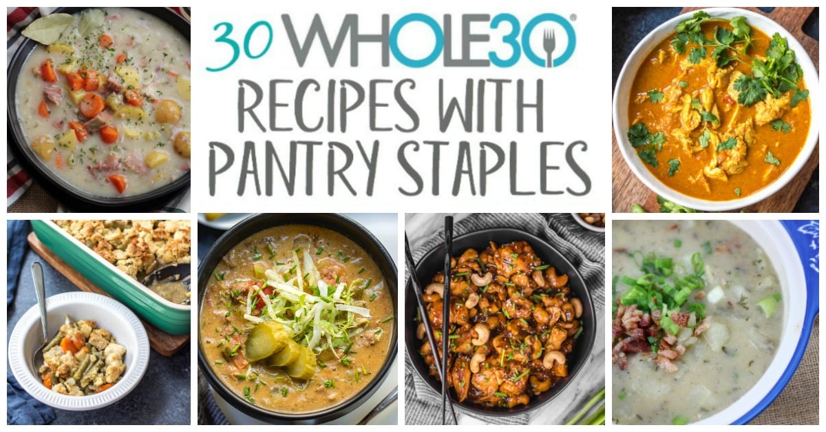 Sometimes it's nice to be able to pull out pantry staples and create healthy, Whole30 recipes from the food you have on hand. This is a budget friendly way to cook, while still eating gluten-free or Paleo. Many of these are also freezer friendly! The recipes call for things like canned tomatoes, canned coconut milk, sauces, marinara, and other food products that are shelf stable, and include slow cooker, instant pot, oven and stovetop options! #whole30pantrystaples #pantrystaples #healthypantrystaples #whole30cannedfood #whole30shelfstable