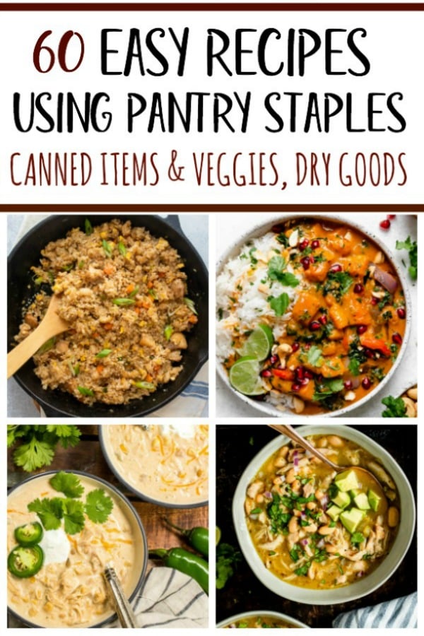 These 60 healthy recipes are made using pantry staples and with only a few ingredients. There are easy, budget-friendly recipes for main dishes with chicken, beef and pork, and recipes using canned salmon, canned tuna, and many meatless recipes for all of your canned vegetables and pantry goods like oats, quinoa, pasta, rice, beans and potatoes. #healthyrecipes #healthypantrystaples #pantrystaplerecipes #healthypantryrecipes #easypantrymeals