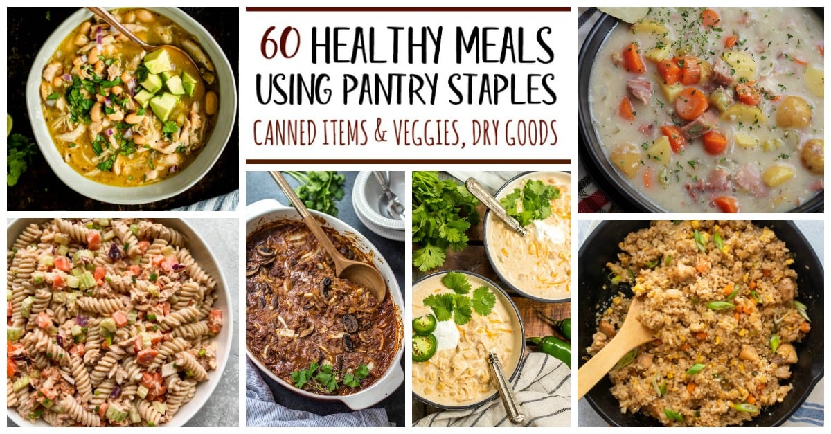 These 60 healthy recipes are made using pantry staples and with only a few ingredients. There are easy, budget-friendly recipes for main dishes with chicken, beef and pork, and recipes using canned salmon, canned tuna, and many meatless recipes for all of your canned vegetables and pantry goods like oats, quinoa, pasta, rice, beans and potatoes. #healthyrecipes #healthypantrystaples #pantrystaplerecipes #healthypantryrecipes #easypantrymeals