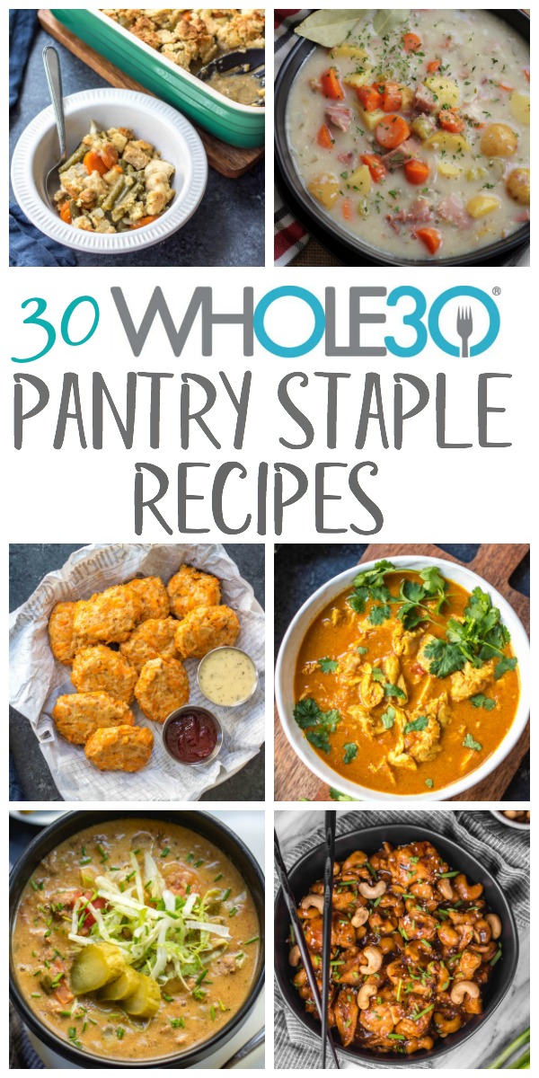 Sometimes it's nice to be able to pull out pantry staples and create healthy, Whole30 recipes from the food you have on hand. This is a budget friendly way to cook, while still eating gluten-free or Paleo. Many of these are also freezer friendly! The recipes call for things like canned tomatoes, canned coconut milk, sauces, marinara, and other food products that are shelf stable, and include slow cooker, instant pot, oven and stovetop options! #whole30pantrystaples #pantrystaples #healthypantrystaples #whole30cannedfood #whole30shelfstable