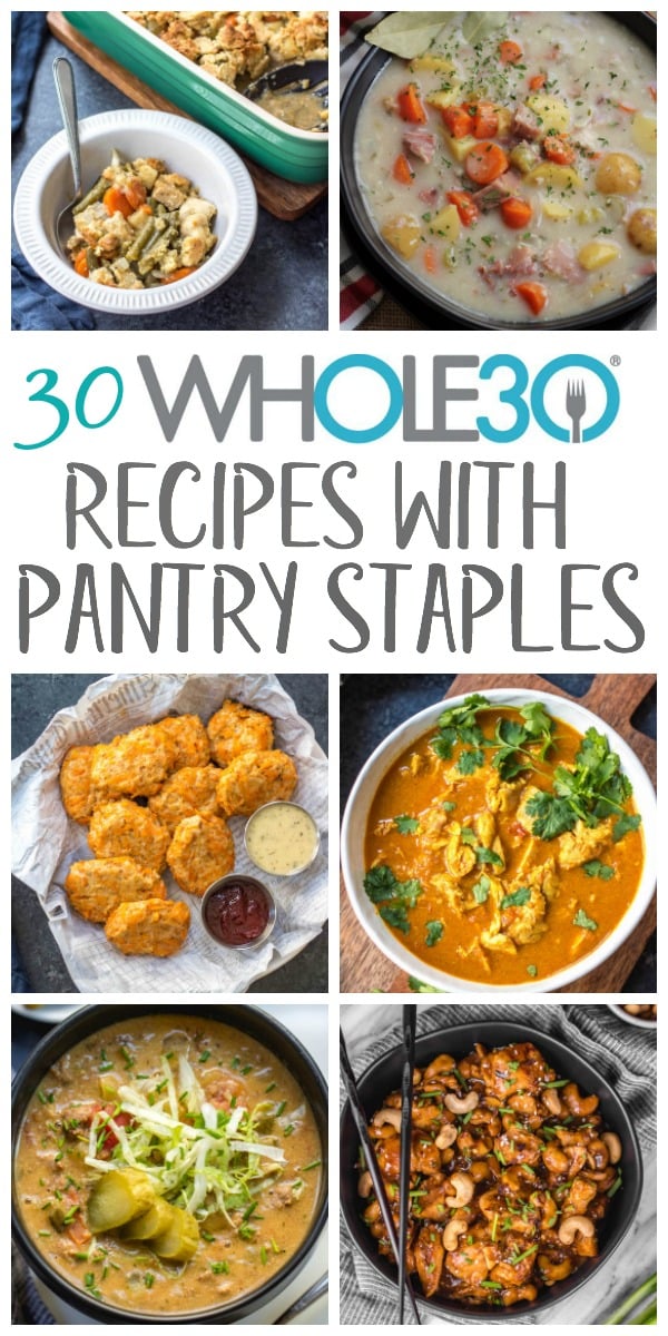 Sometimes it's nice to be able to pull out pantry staples and create healthy, Whole30 recipes from the food you have on hand. This is a budget friendly way to cook, while still eating gluten-free or Paleo. Many of these are also freezer friendly! The recipes call for things like canned tomatoes, canned coconut milk, sauces, marinara, and other food products that are shelf stable, and include slow cooker, instant pot, oven and stovetop options! #whole30pantrystaples #pantrystaples #healthypantrystaples #whole30cannedfood #whole30shelfstable