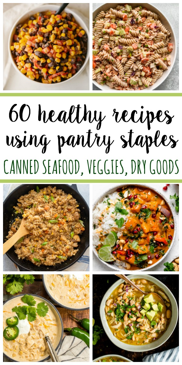 These 60 healthy recipes are made using pantry staples and with only a few ingredients. There are easy, budget-friendly recipes for main dishes with chicken, beef and pork, and recipes using canned salmon, canned tuna, and many meatless recipes for all of your canned vegetables and pantry goods like oats, quinoa, pasta, rice, beans and potatoes. #healthyrecipes #healthypantrystaples #pantrystaplerecipes #healthypantryrecipes #easypantrymeals