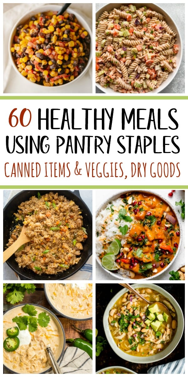 These 60 healthy recipes are made using pantry staples and with only a few ingredients. There are easy, budget-friendly recipes for main dishes with chicken, beef and pork, and recipes using canned salmon, canned tuna, and many meatless recipes for all of your canned vegetables and pantry goods like oats, quinoa, pasta, rice, beans and potatoes. #healthyrecipes #healthypantrystaples #pantrystaplerecipes #healthypantryrecipes #easypantrymeals