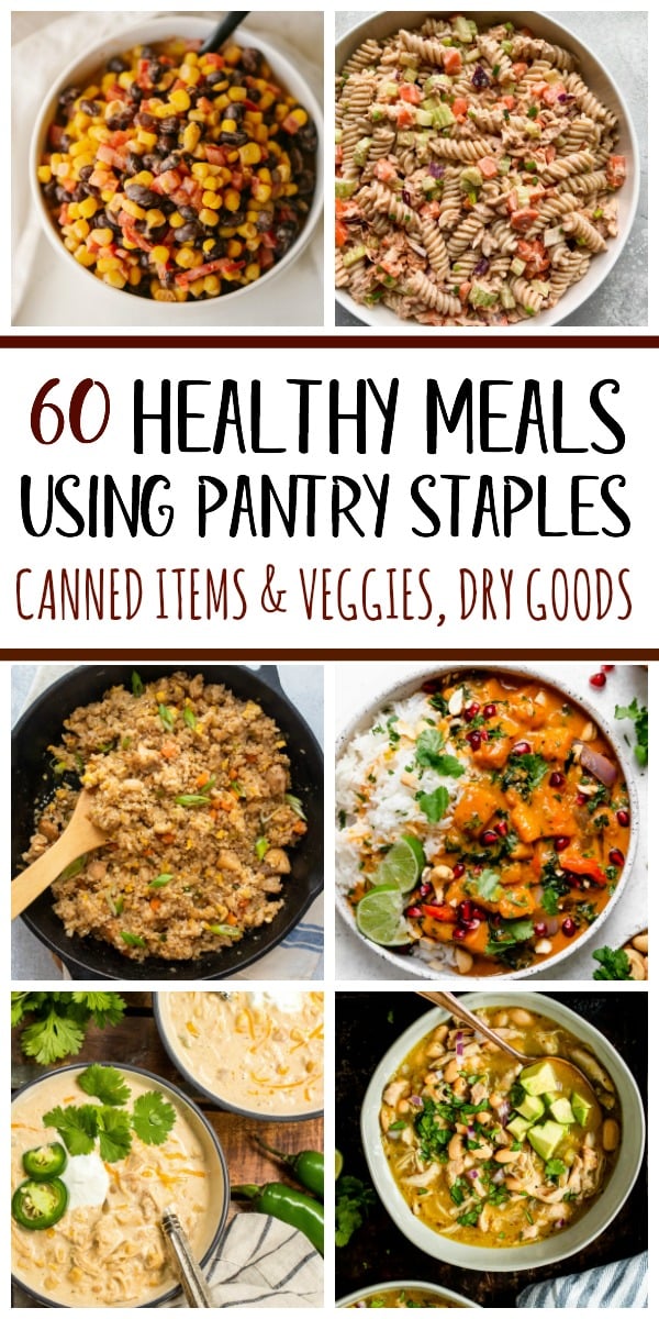 These 60 healthy recipes are made using pantry staples and with only a few ingredients. There are easy, budget-friendly recipes for main dishes with chicken, beef and pork, and recipes using canned salmon, canned tuna, and many meatless recipes for all of your canned vegetables and pantry goods like oats, quinoa, pasta, rice, beans and potatoes. #healthyrecipes #healthypantrystaples #pantrystaplerecipes #healthypantryrecipes #easypantrymeals