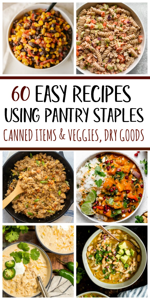 These 60 healthy recipes are made using pantry staples and with only a few ingredients. There are easy, budget-friendly recipes for main dishes with chicken, beef and pork, and recipes using canned salmon, canned tuna, and many meatless recipes for all of your canned vegetables and pantry goods like oats, quinoa, pasta, rice, beans and potatoes. #healthyrecipes #healthypantrystaples #pantrystaplerecipes #healthypantryrecipes #easypantrymeals