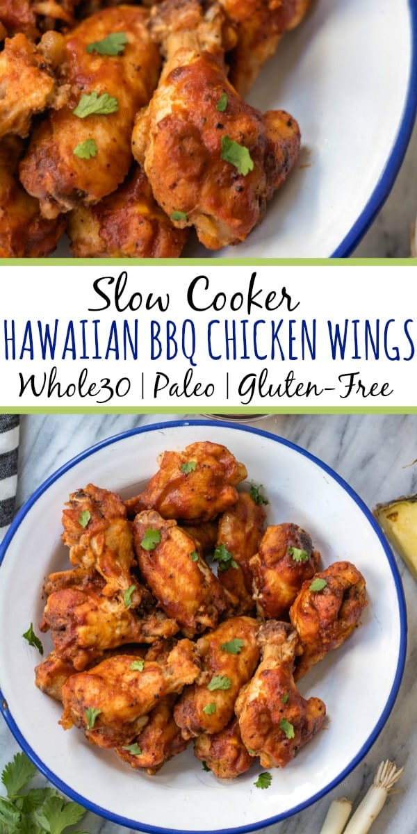 These slow cooker BBQ chicken wings are perfect for meal prep, or for a healthy appetizer or snack. They've got a Hawaiian spin to add some exciting flavor to the BBQ, only a few simple ingredients in a crockpot, and are Whole30, paleo and gluten-free. This is a great hands-off method to cook an easy chicken recipe everyone will love. #whole30slowcooker #whole30chickenwings #crockpotchicken #healthychickenwings #paleochickenrecipes