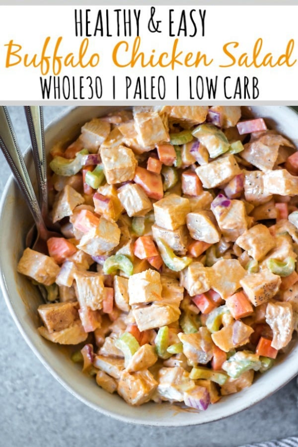 This healthy and easy buffalo chicken salad only takes a few simple ingredients, and is Whole30, paleo, low carb and gluten-free. It's got the perfect buffalo tang, while still being creamy and delicious! This recipe makes the perfect meal prep recipe, done in under 30 minutes, and that can be turned into many meals and enjoyed over greens, in wraps or straight out of the bowl. #whole30recipes #whole30chickenrecipes #ketochickenrecipes #chickensalad #buffalochicken #paleochickenrecipes #whole30mealprep