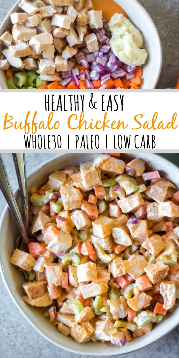 This healthy and easy buffalo chicken salad only takes a few simple ingredients, and is Whole30, paleo, low carb and gluten-free. It's got the perfect buffalo tang, while still being creamy and delicious! This recipe makes the perfect meal prep recipe, done in under 30 minutes, and that can be turned into many meals and enjoyed over greens, in wraps or straight out of the bowl. #whole30recipes #whole30chickenrecipes #ketochickenrecipes #chickensalad #buffalochicken #paleochickenrecipes #whole30mealprep